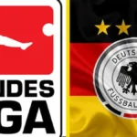 Logotipo de la Bundesliga junto al escudo de la Federación Alemana de Fútbol sobre la bandera de Alemania