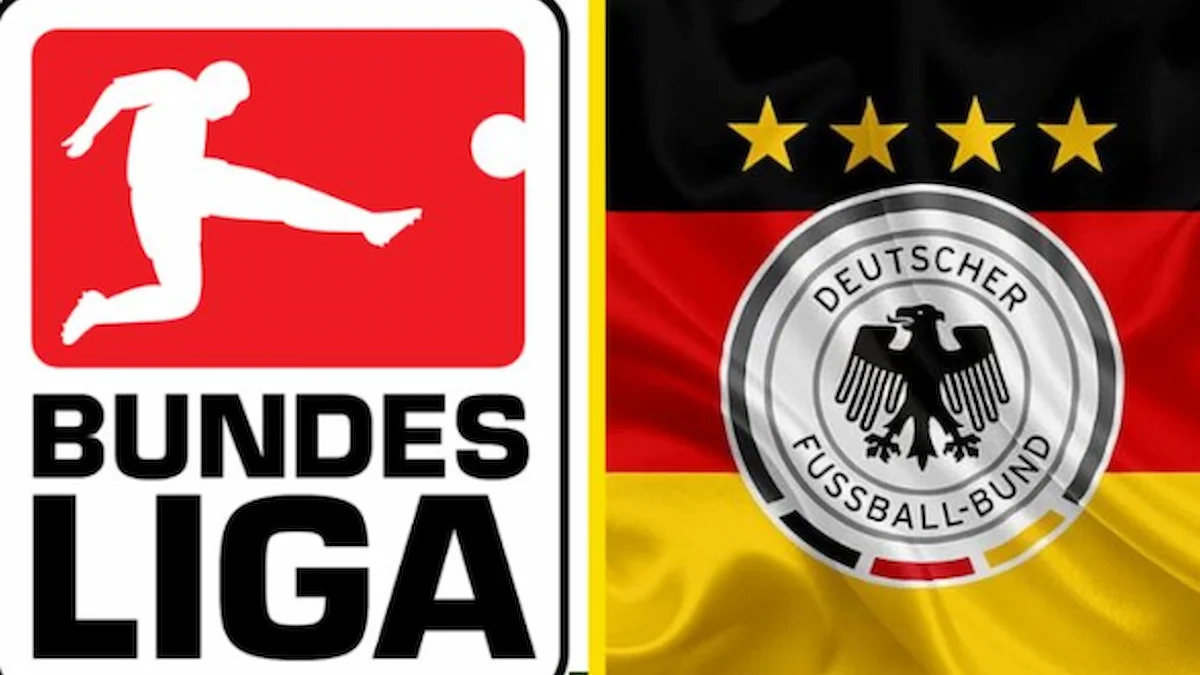 Logotipo de la Bundesliga junto al escudo de la Federación Alemana de Fútbol sobre la bandera de Alemania