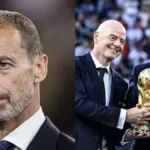 Ceferin, serio, junto a una imagen de Infantino y Trump sosteniendo el trofeo del Mundial 2026