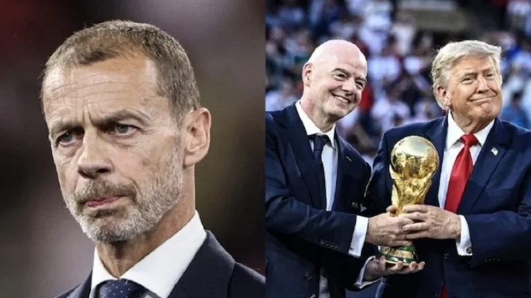 Ceferin, serio, junto a una imagen de Infantino y Trump sosteniendo el trofeo del Mundial 2026