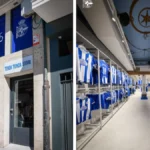 Fachada de la nueva tienda del Deportivo en la Rúa Real y su interior con camisetas expuestas
