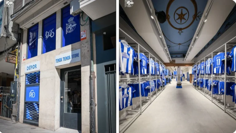 Fachada de la nueva tienda del Deportivo en la Rúa Real y su interior con camisetas expuestas