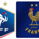 Comparación entre el escudo plano de la FFF y el escudo bordado cobrizo de la camiseta de Francia