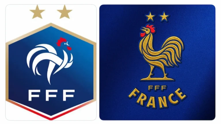 Comparación entre el escudo plano de la FFF y el escudo bordado cobrizo de la camiseta de Francia