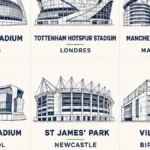 Ilustraciones de los nueve estadios de la Eurocopa 2028 en Reino Unido e Irlanda con su ciudad