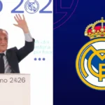 Florentino Pérez gesticula con los brazos alzados junto al escudo coronado del Real Madrid
