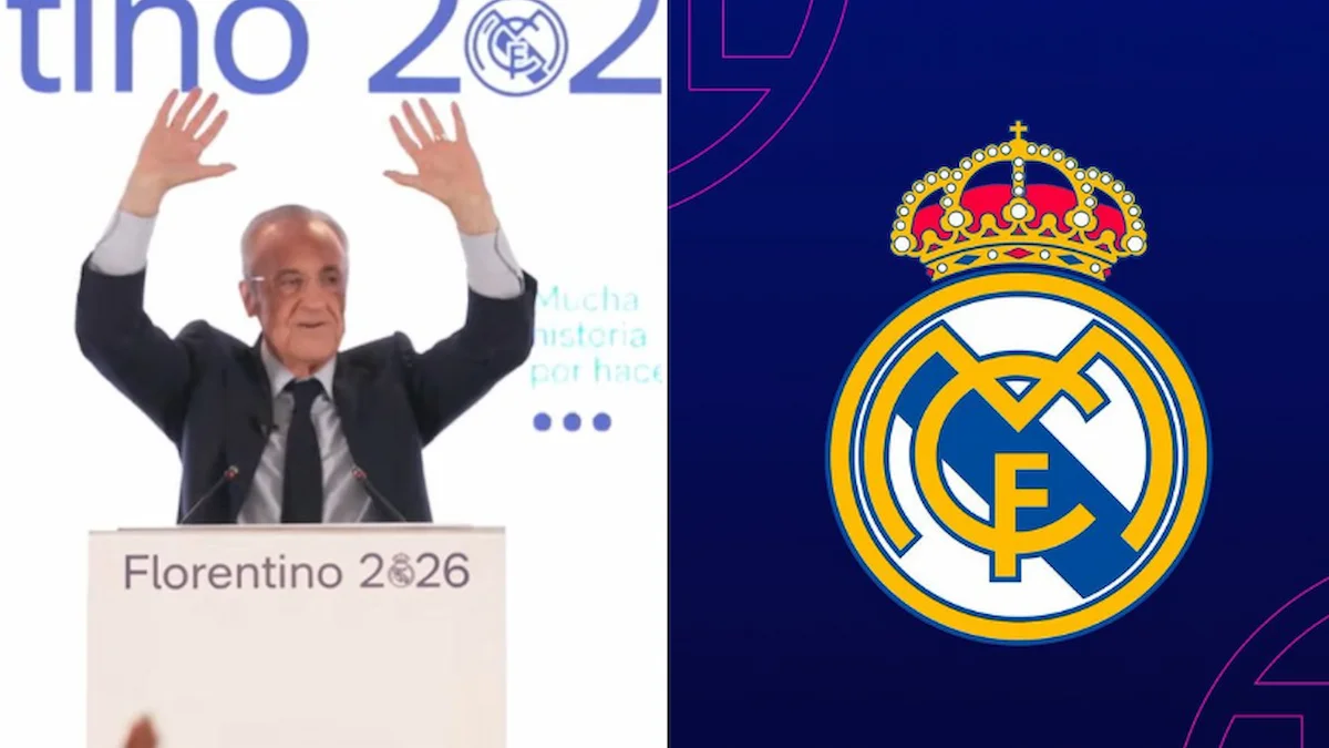 Florentino Pérez gesticula con los brazos alzados junto al escudo coronado del Real Madrid
