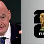 Gianni Infantino habla ante los medios junto al emblema del Mundial 2026 de la FIFA