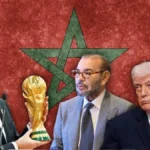 Infantino sostiene el trofeo del Mundial junto a Mohamed VI y Trump sobre la bandera de Marruecos