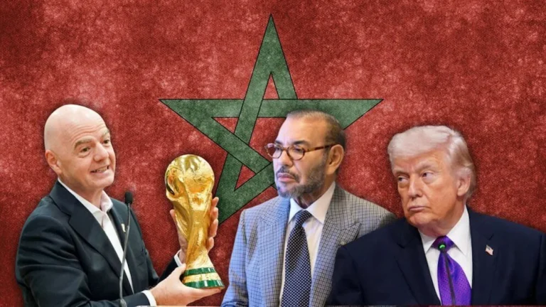 Infantino sostiene el trofeo del Mundial junto a Mohamed VI y Trump sobre la bandera de Marruecos