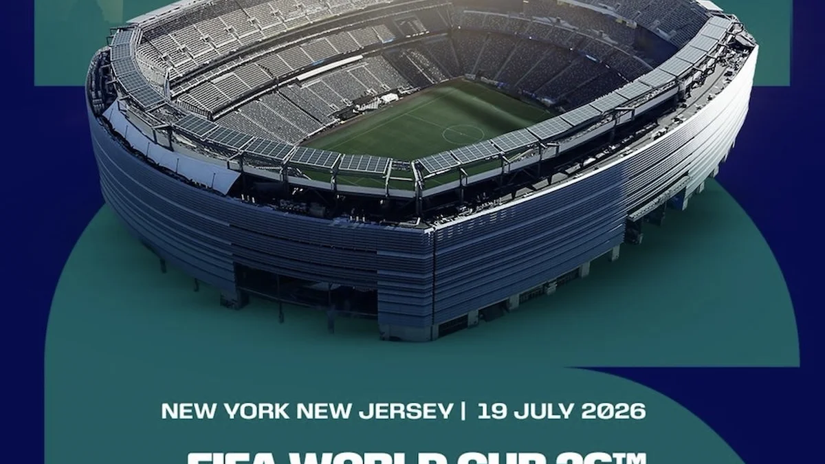 Render del MetLife Stadium al atardecer con el perfil de Nueva York y el cartel de la final del Mundial 2026