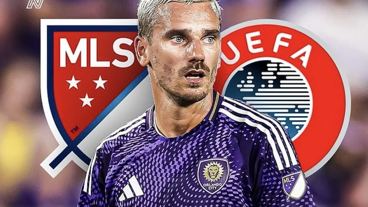 Futbolista con la camiseta del Orlando City ante los escudos de la MLS y la UEFA superpuestos