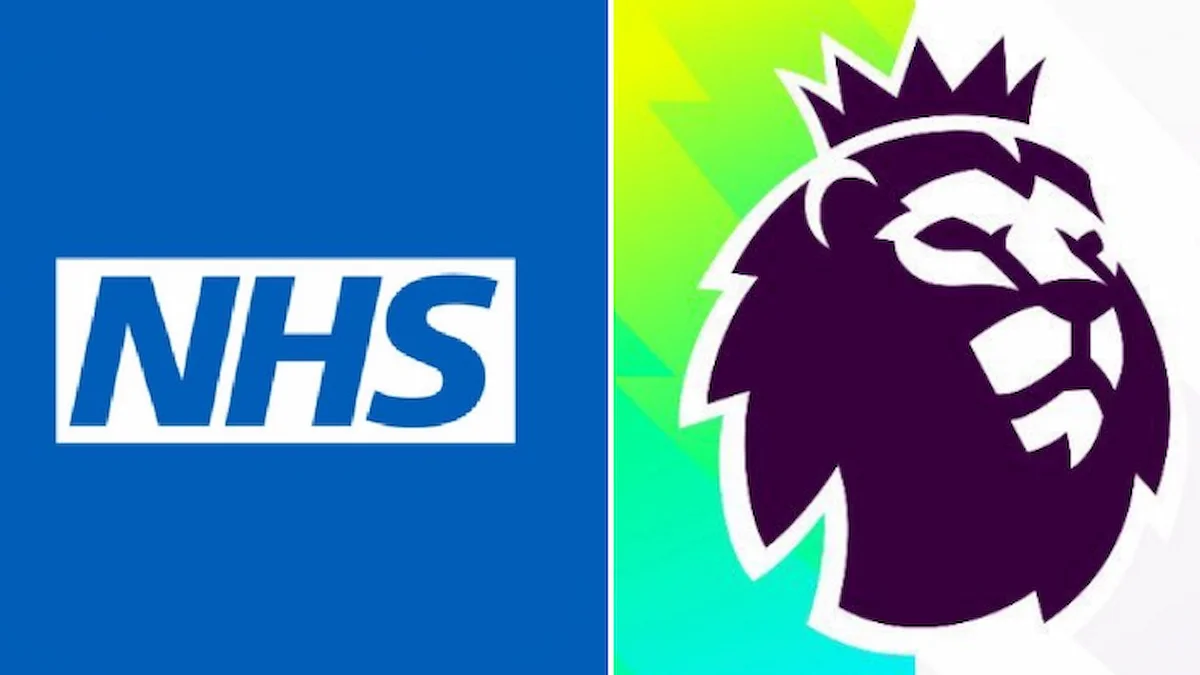 Montaje con el logotipo azul del NHS junto al escudo del león de la Premier League