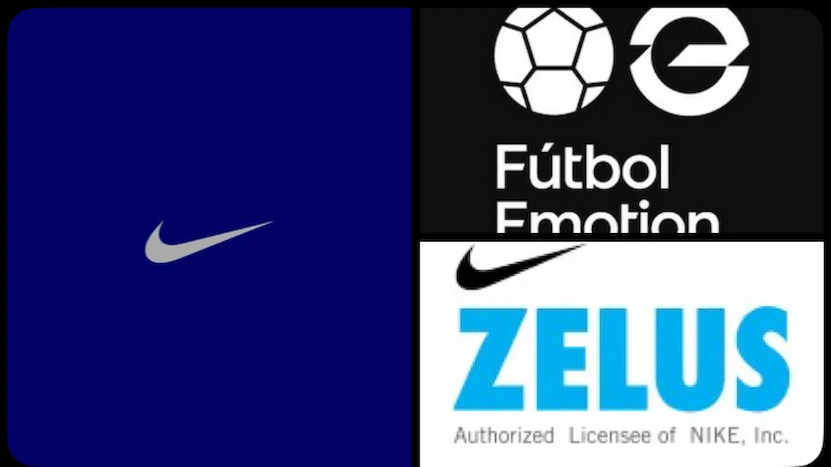Logotipos de Nike, Fútbol Emotion y Zelus Sports en un collage de marcas