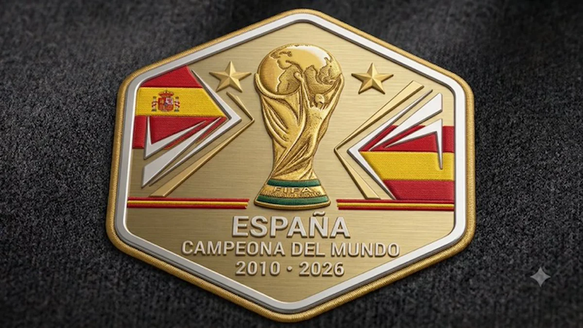 Parche dorado con el trofeo del Mundial, dos estrellas y la leyenda de España campeona en 2010 y 2026