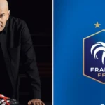 Zidane, apoyado sobre unas botas Predator de Adidas, junto al escudo de la FFF sobre fondo azul