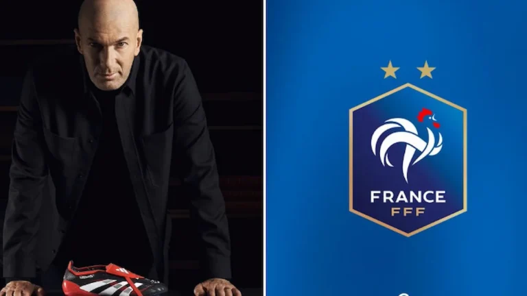 Zidane, apoyado sobre unas botas Predator de Adidas, junto al escudo de la FFF sobre fondo azul