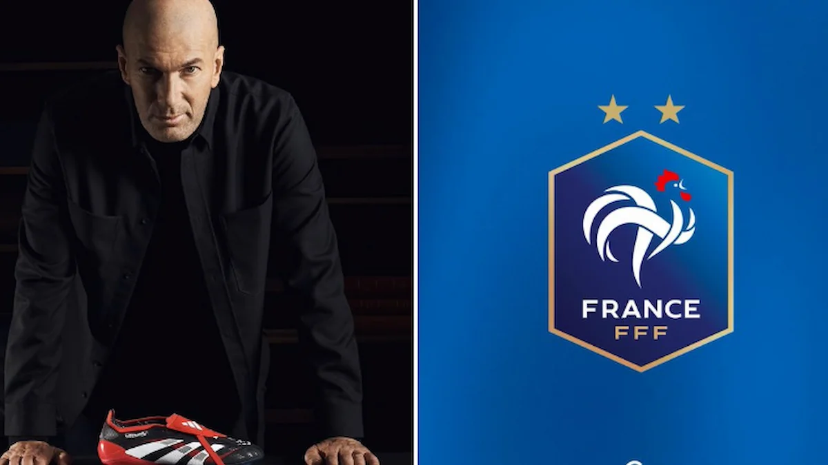 Zidane, apoyado sobre unas botas Predator de Adidas, junto al escudo de la FFF sobre fondo azul