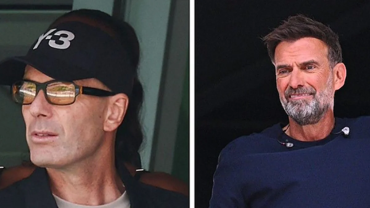 Zidane con visera Y-3 y gafas de sol junto a un Klopp sonriente durante el Mundial 2026
