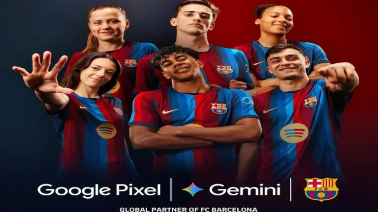 Jugadoras y jugadores del Barça posan con los logos de Google Pixel, Gemini y el escudo azulgrana