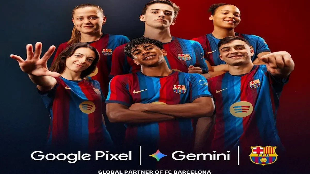 Jugadoras y jugadores del Barça posan con los logos de Google Pixel, Gemini y el escudo azulgrana
