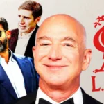 Montaje con Jeff Bezos sonriendo junto al escudo del Liverpool y dos socios del consorcio inversor