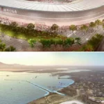 Render aéreo del futuro estadio de Cagliari junto al litoral, con el perfil de la ciudad al fondo