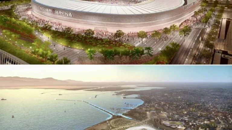 Render aéreo del futuro estadio de Cagliari junto al litoral, con el perfil de la ciudad al fondo