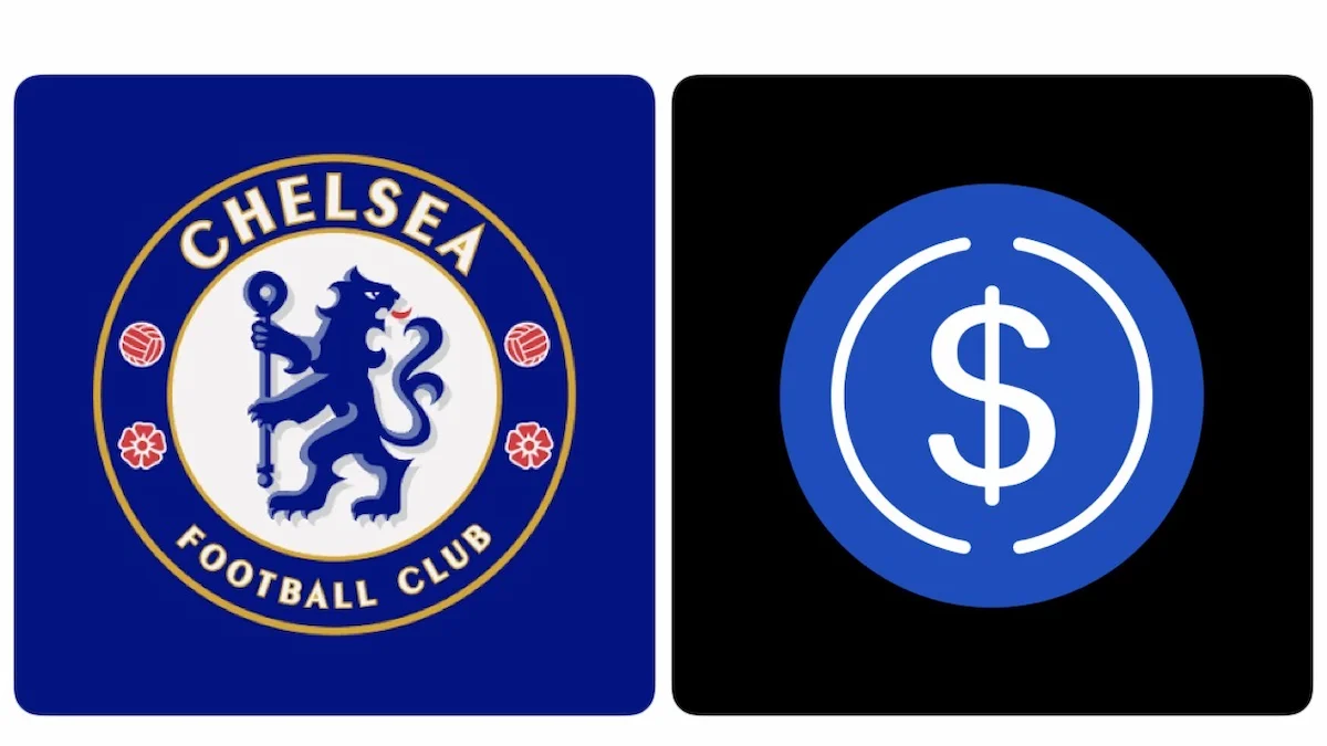 Escudo del Chelsea FC junto al logo de Circle USDC sobre fondo negro anunciando el acuerdo de patrocinio de camiseta