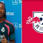 Yan Diomandé con la camiseta del Real Madrid junto al escudo del RB Leipzig, su club de procedencia