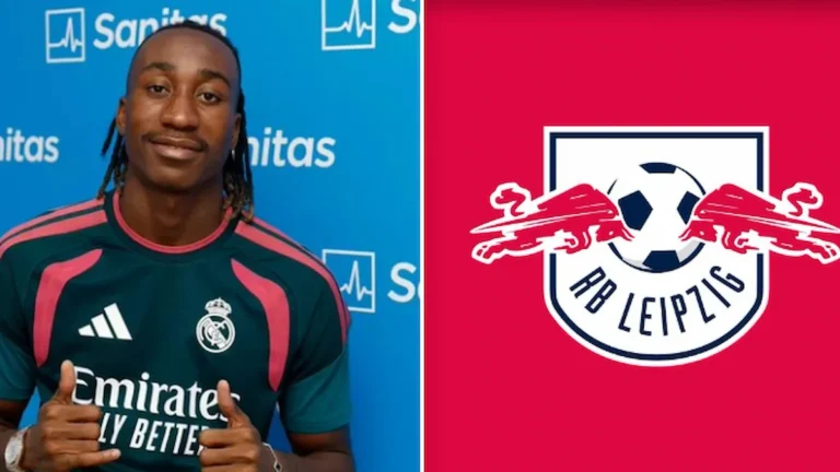 Yan Diomandé con la camiseta del Real Madrid junto al escudo del RB Leipzig, su club de procedencia