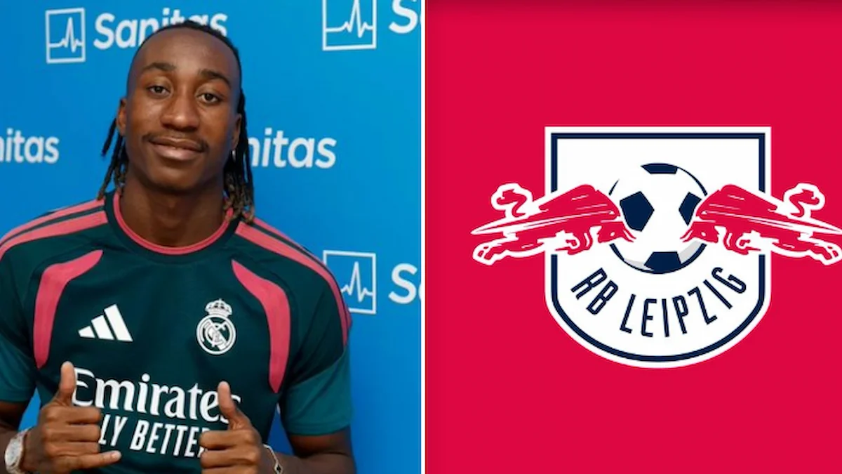 Yan Diomandé con la camiseta del Real Madrid junto al escudo del RB Leipzig, su club de procedencia