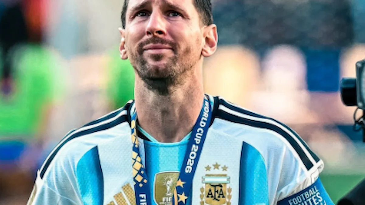 Messi, con la medalla de subcampeón del Mundial 2026 al cuello y gesto contenido, mira hacia la grada