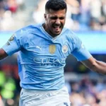 El centrocampista Rodri celebra un gol con la camiseta del Manchester City