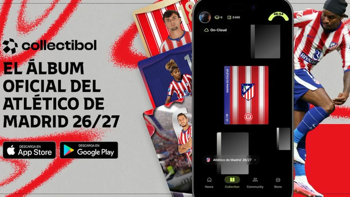 Móvil con la app Collectibol mostrando una carta digital del Atlético de Madrid junto a cromos ilustrados