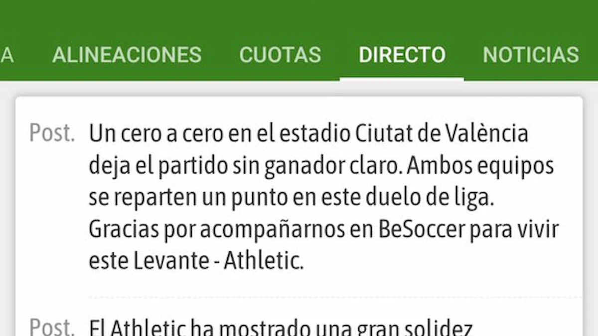 Captura de la app BeSoccer con el Levante-Athletic marcado como aplazado y el directo lleno de publicaciones automáticas que narran un empate a cero